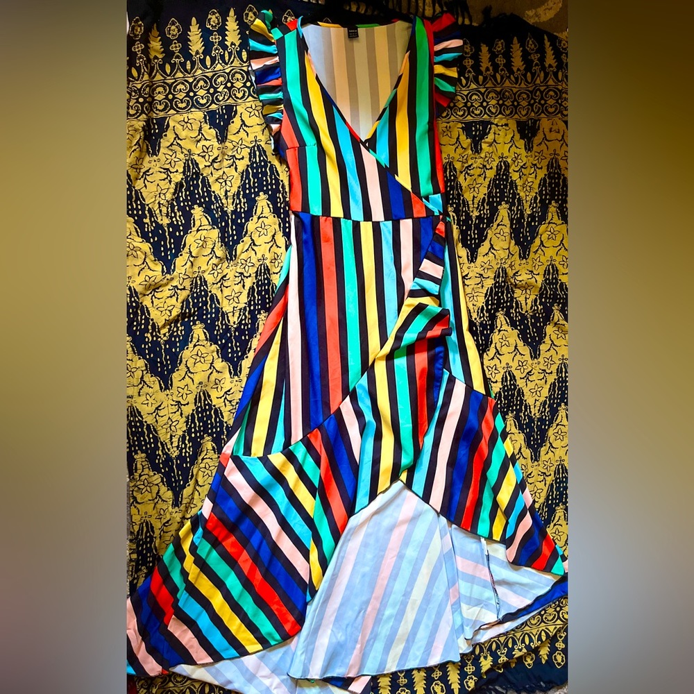 🩵Colorful and frilly striped high-low wrap dress🩵